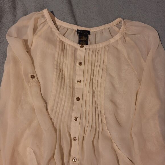 GRACE ELEMENTS Vintage Ivory Blouse Women L Roll up Long Sleeves Pleats - Picture 3 of 12